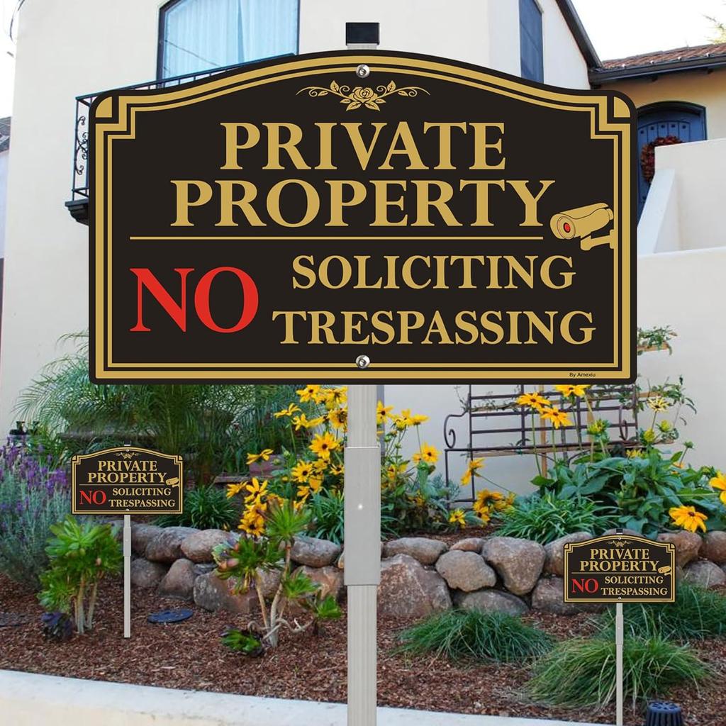 Private Property No Trespassing Sign, 12" x 8" No Soliciting Sign Aluminum with 28" Tall Alloy Stake for Easy Installation, Rust-Free& Fade Resistant