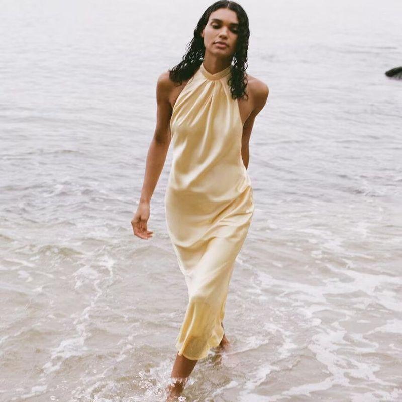 Zbzr Autumn New Women Clothes Western Style Sleeveless Backless Silk Satin Texture Loose Dress 3274548 700