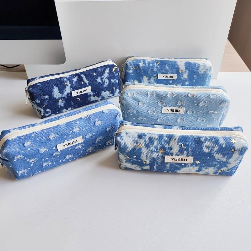 Water Washable Denim Sequin Pencil Pouch With Large Capacity For Students And Office Use