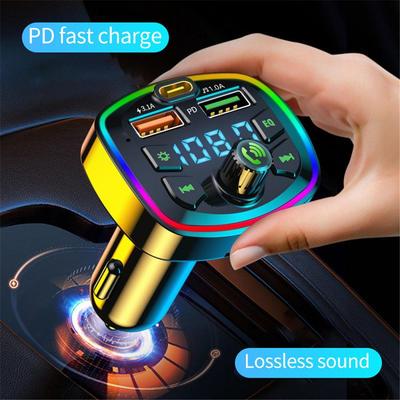 Auto Bluetooth FM Sender Dual USB 3.1A TypeC PD Schnellladegerät Zigarettenanzünder Radio MP3 Musik Player Freisprechanruf Car Kit mit farbigem Umgebungslicht