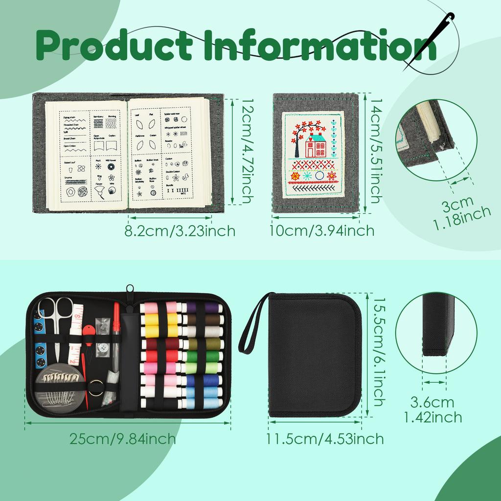 Embroidery Stitch Book Kit with Threads Needles Scissors Tape Measure Buttons Storage Bag Beginner Portable Sewing Box Tools