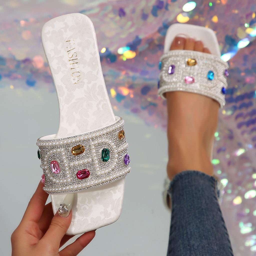Hausschuhe Damen Strass Breiter Riemen Quadratische Zehen Hausschuhe Flip Flops Flache Sandalen Damen Hausschuhe Schuhe Weiblich Bling Luxus