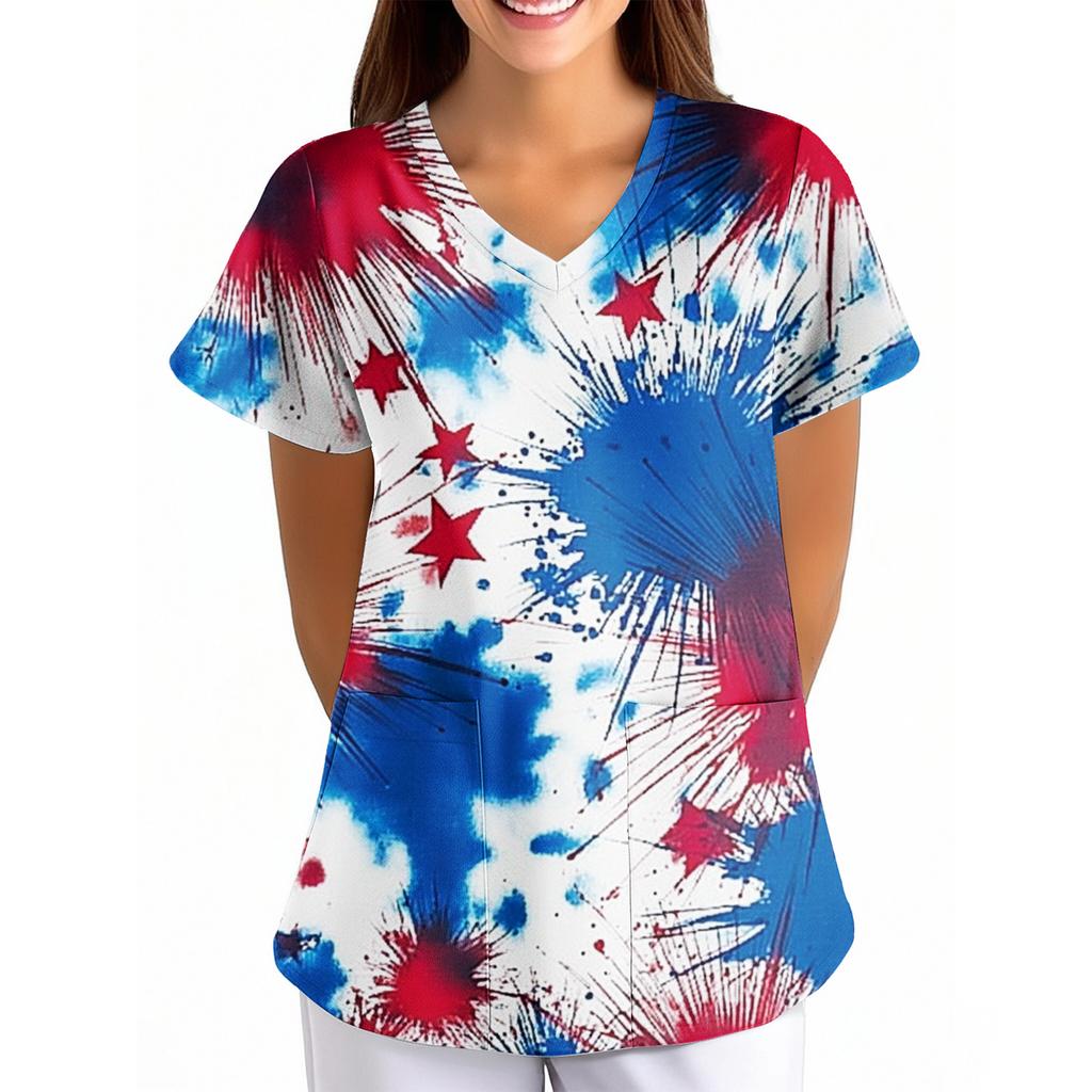 Womens V Neck Short Sleeve Printed Scrub Top Loose Fit with Pocket Comfortable Soft Material for Healthcare Uniforms