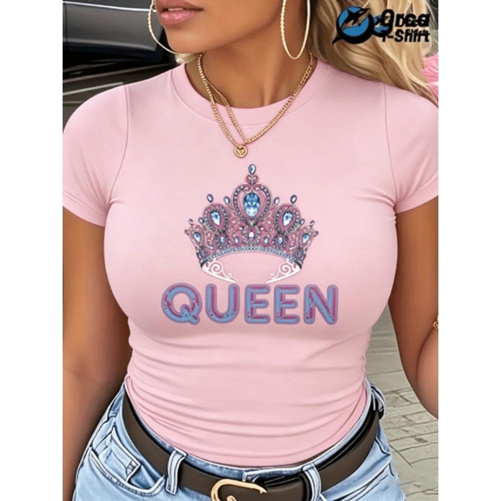 Queen's Crown Graphic Print T-Shirt - Women's Casual Round Neck Short Sleeve Fashion Top