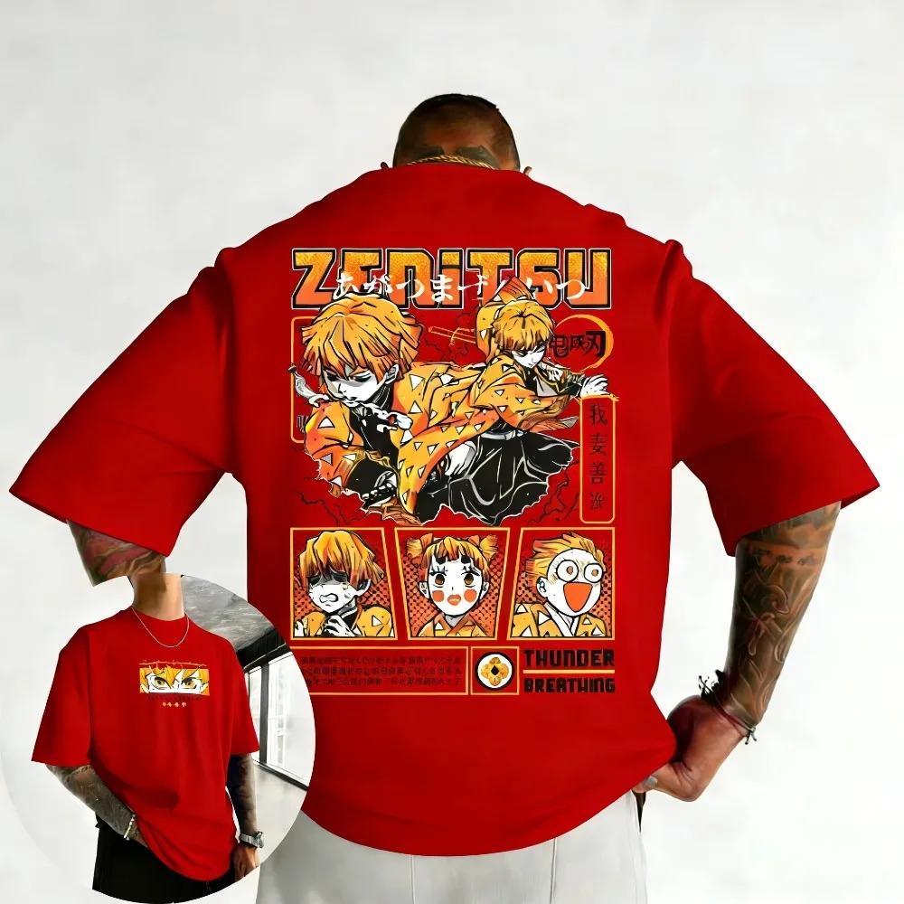 Demon Slayer Zenitsu Agatsuma Thunder Breathing Manga Dual-Sided Oversized T-Shirt Japanese Anime Harajuku Streetwear Unisex Casual White T-shirt