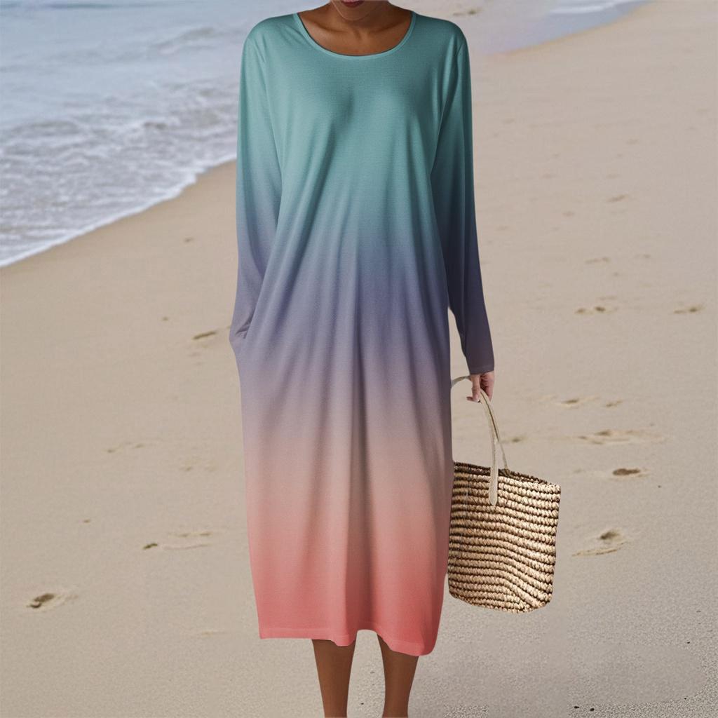 Women's Fashion Casual Long Sleeve Gradient Round Neck Pocket Elegant Temperament Dress