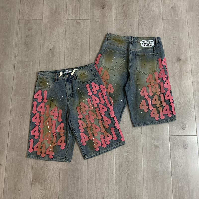Trendige Marke Va & le digitaler Buchstabenaufkleber bestickte Jeans-Shorts mit Tintenspritzern Herren und Damen High Street alte Fünf-Punkt-Hosen