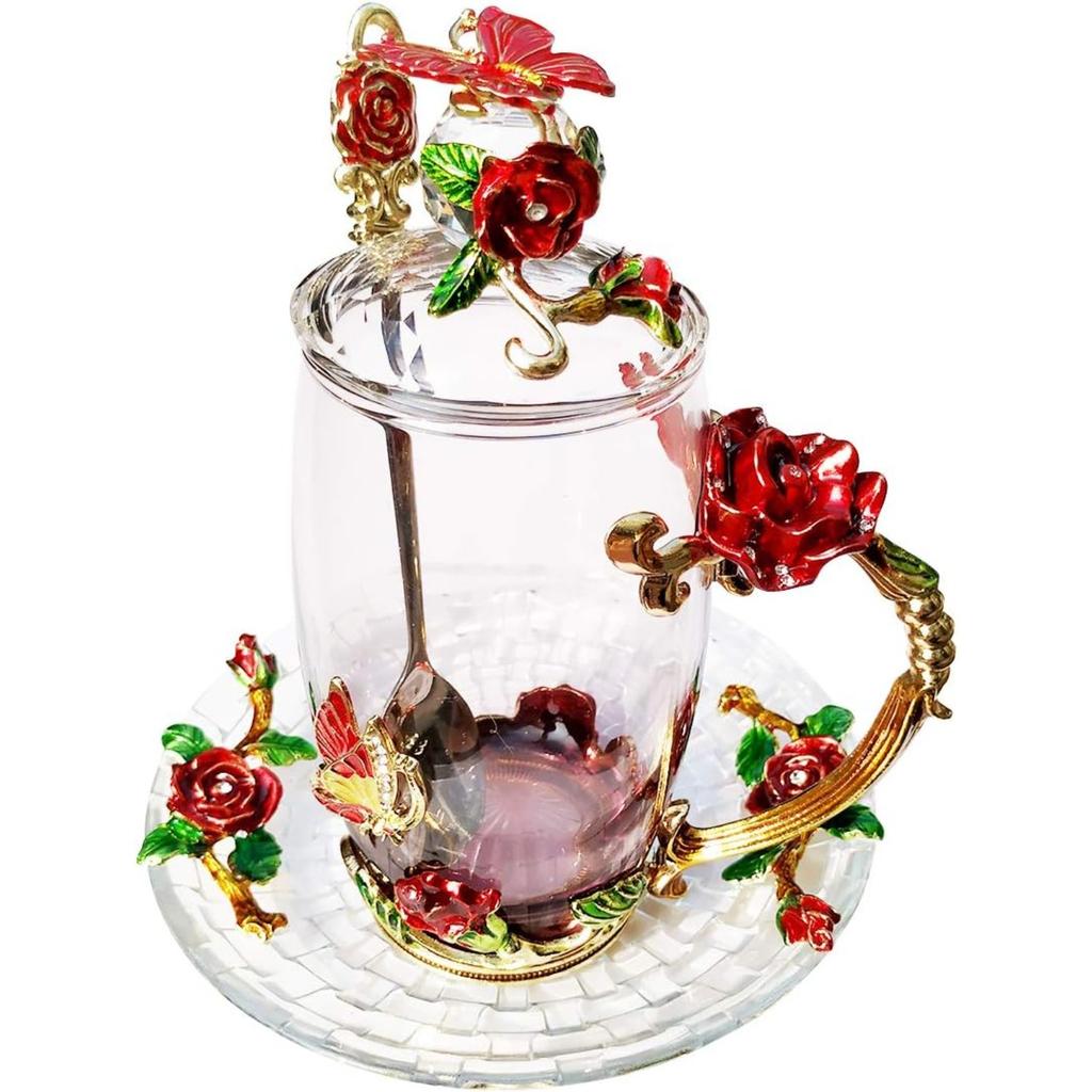 Christmas Gift Coffee Mug Tea Cup with Lid Saucer Birthday Gift for Women Friend Mother's Valentine's Day Rose Butterfly Cup Wedding Anniversary