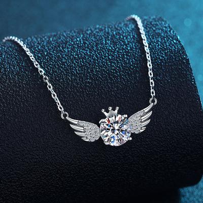 Kronenflügel-Halskette, schlichter Engelsflügel-Anhänger, 925er Sterlingsilber, 2 Karat Feder, Schlüsselbeinkette
