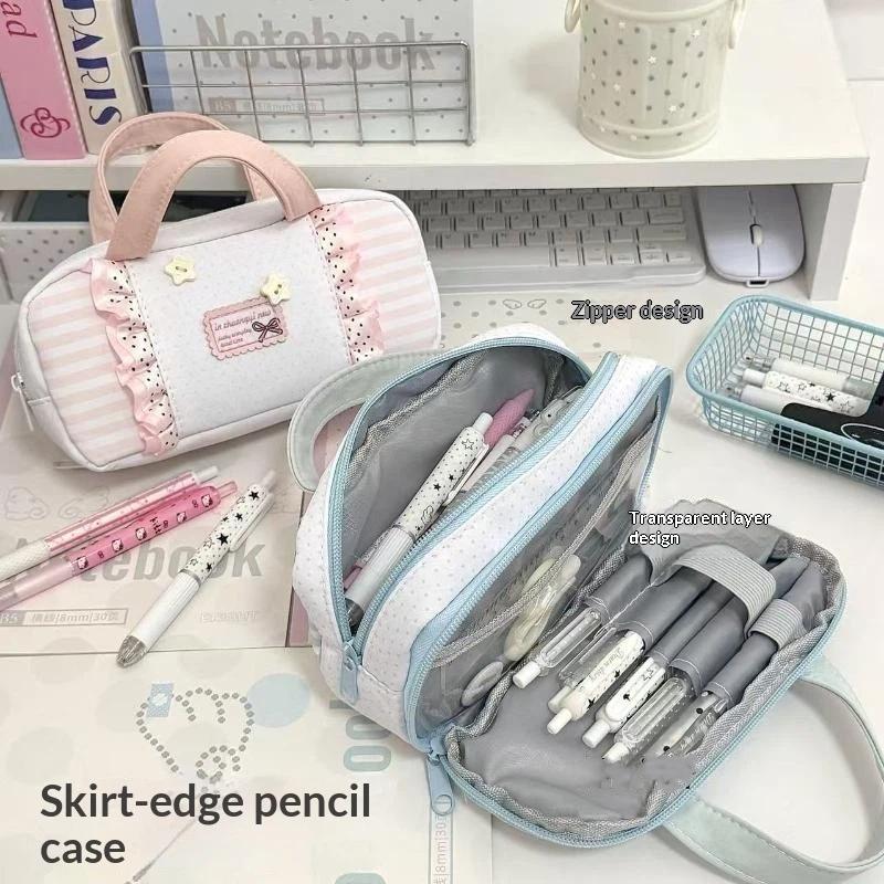Ins Style Cute Lace Wave Point Handheld Pen Case Big Capacity Student Stationery Storage Bag Pen Bag Makeup Bag Gift