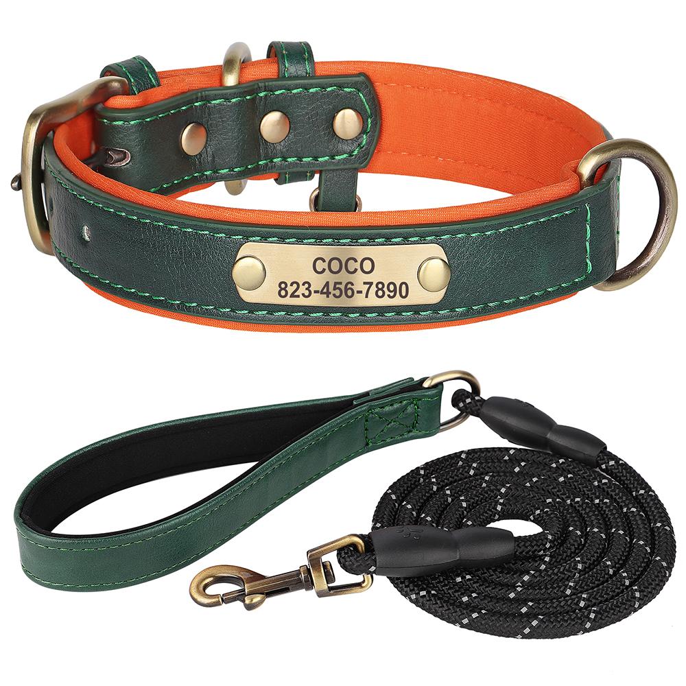 Conjunto Coleira e Guia Personalizado para Cães Coleiras com Etiqueta de Couro PU Personalizada Placa de Identificação com Nome Gravado Gratuitamente Para Cães Pequenos Médios Grandes Pitbull