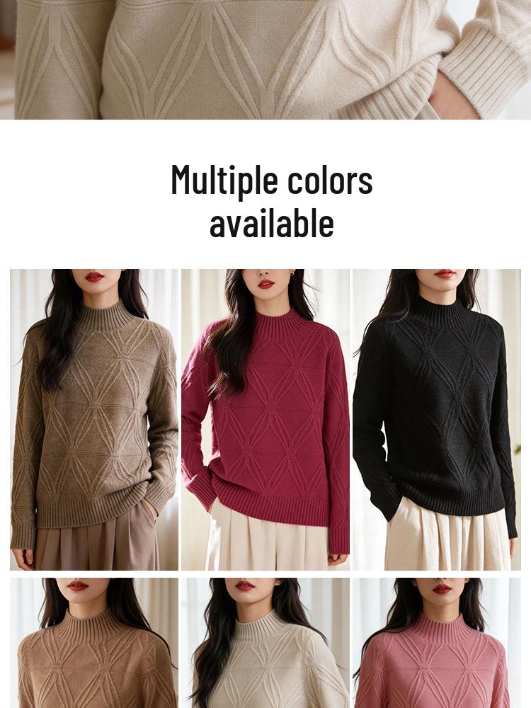 Women's Thick Warm Wool Knit Sweater, Half-High Neck, Diamond Pattern, Autumn/Winter, Solid Color, Loose Fit, Versatile Casual Style.