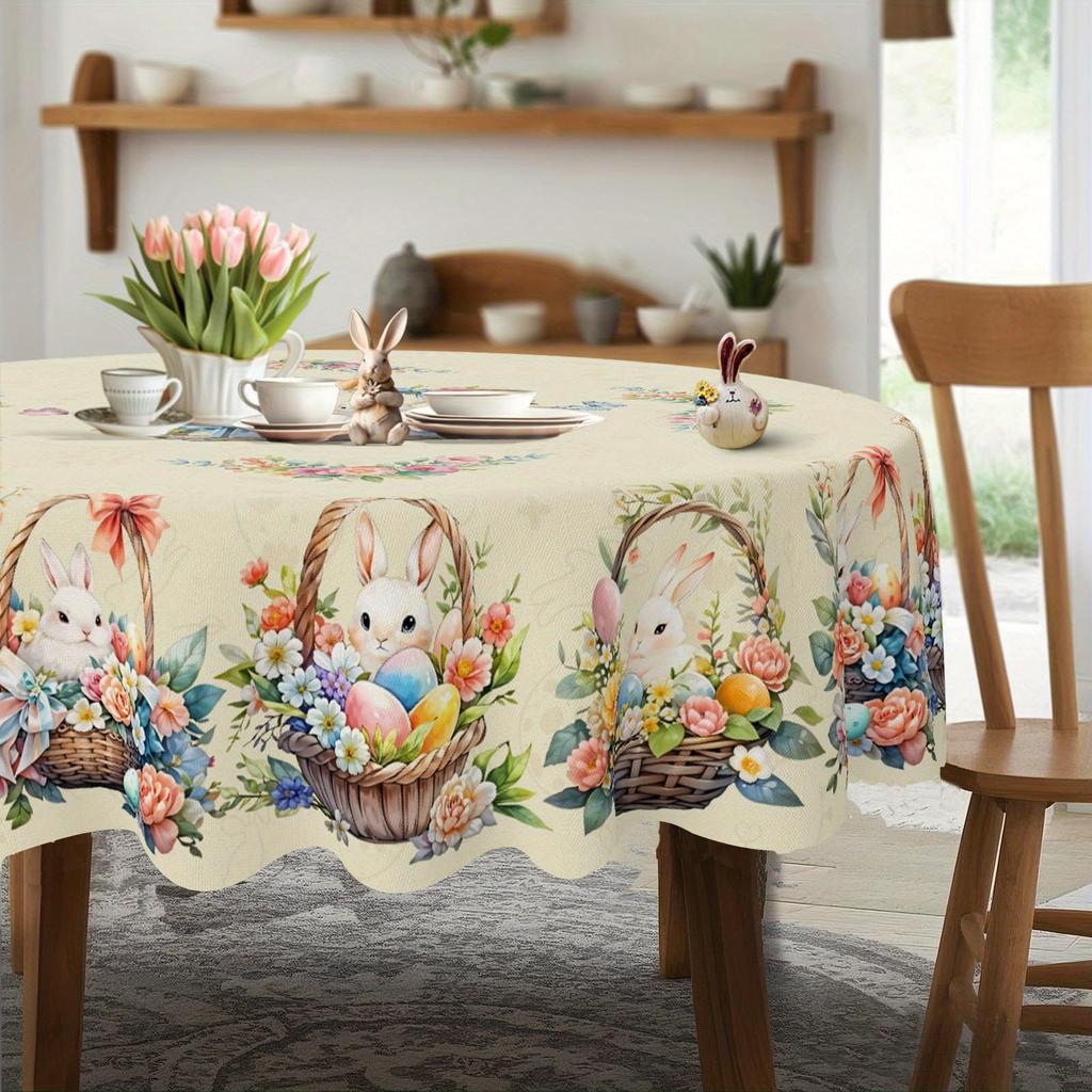 Easter Bunny Eggs Polyester Tablecloth for Table Decor Spring Watercolor Floral Plants Butterfly Table Cloth Easter Decorations