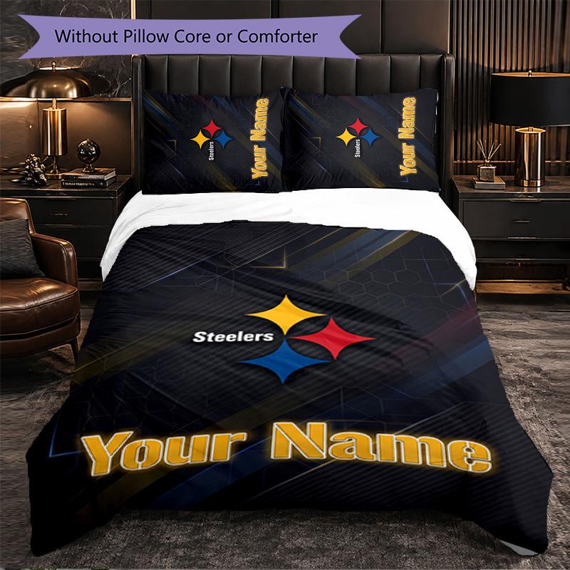 Pittsburgh Steelers Customized Name Text Bedding Set, 1 Duvet Cover & 2 Pillowcases Personalized Bedroom Gift