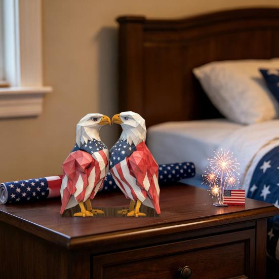 Tabletop 2D Wooden Bald Eagle Figurine, 4th of July Patriotic Eagle Statue with Base for Independence Day Home Table Decor