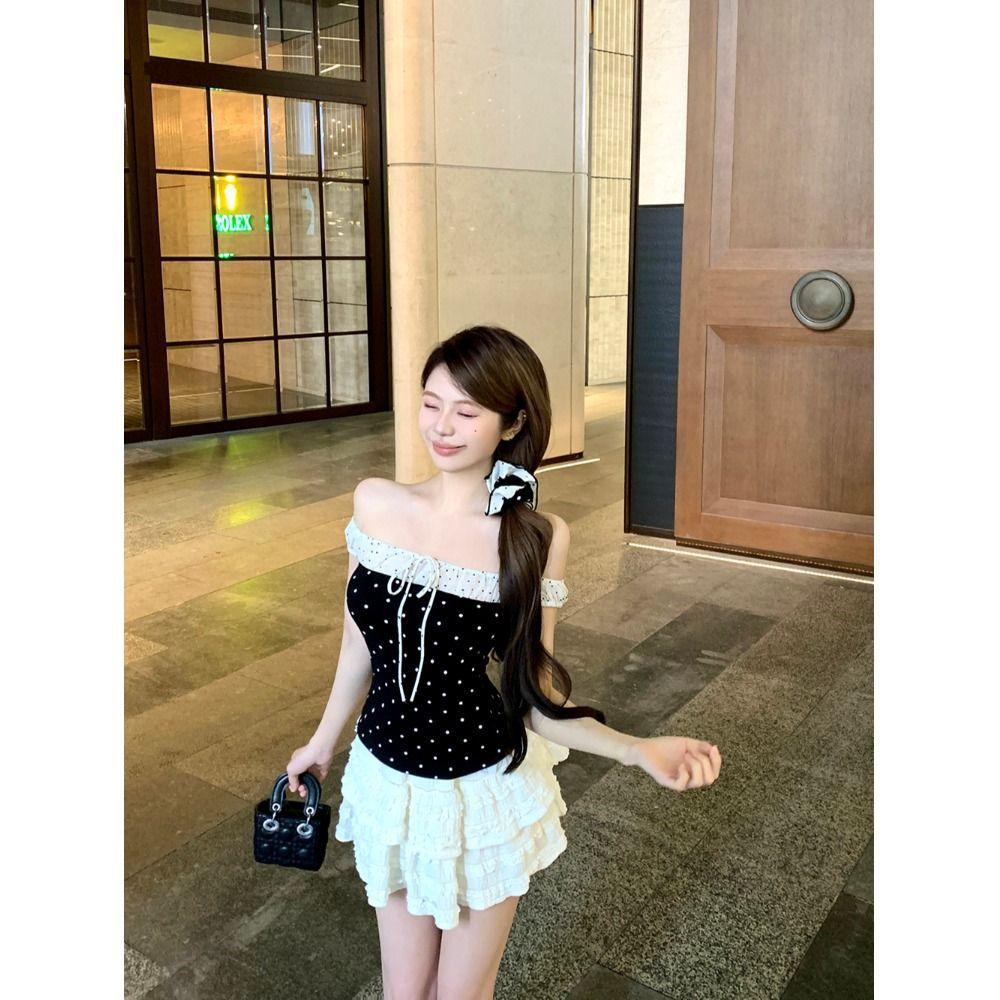 Kumikumi Sweet Spice Girl Polka Dot Shoulder Short Sleeve T-Shirt Women's Summer Age Reduction Chic Skinny Strap-on Top