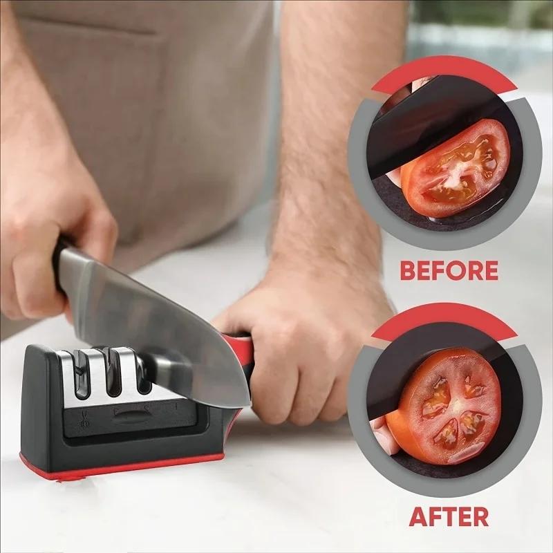 Household Knife Sharpening Tool Kitchen Cutter Knife Sharpener Multifunctional Handheld 3-1 Sharpening Stool Tool Non Slip Base