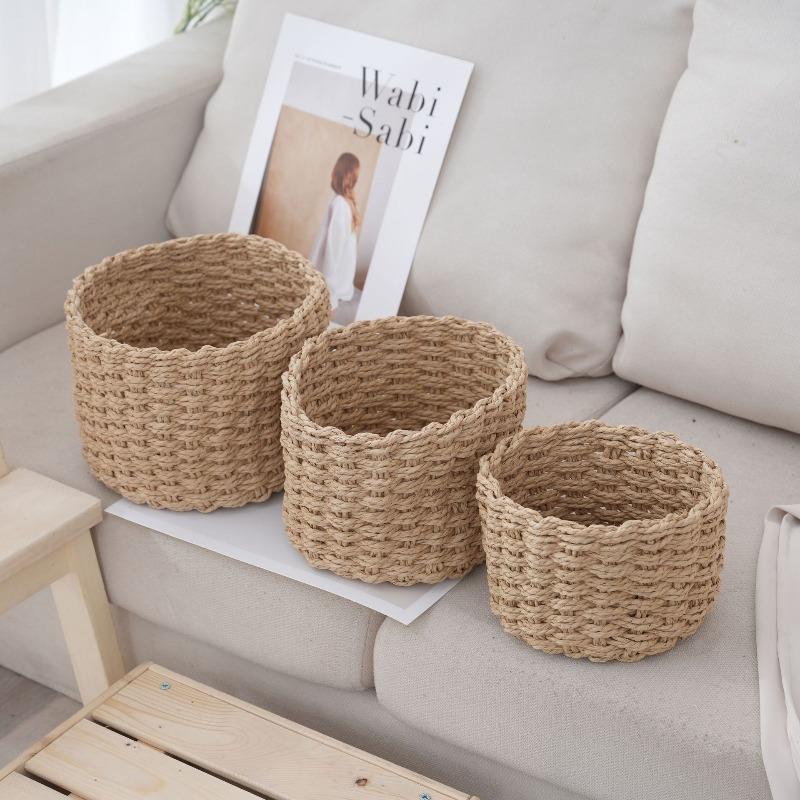 3pcs Set Cylindrical Paper Rope Woven Storage Baskets for Various Storage and Organization Scenarios Desk Cosmetic Organization