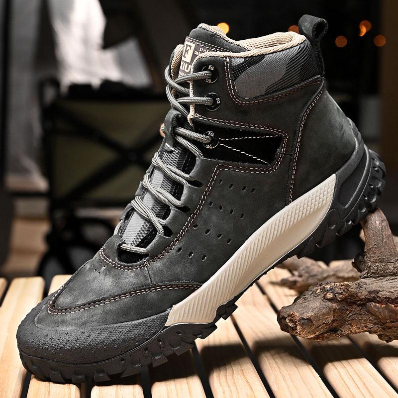 Men's Waterproof Genuine Leather High-top Hiking Shoes - Anti-slip, Warm, Plus Velvet, Thick Sole