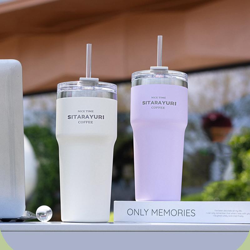 700ML Double Drink Insulation Cup Stainless Steel Straw Thermos Water Bottle Portable Large Outdoor Coffee Thermal Car Ice Mug