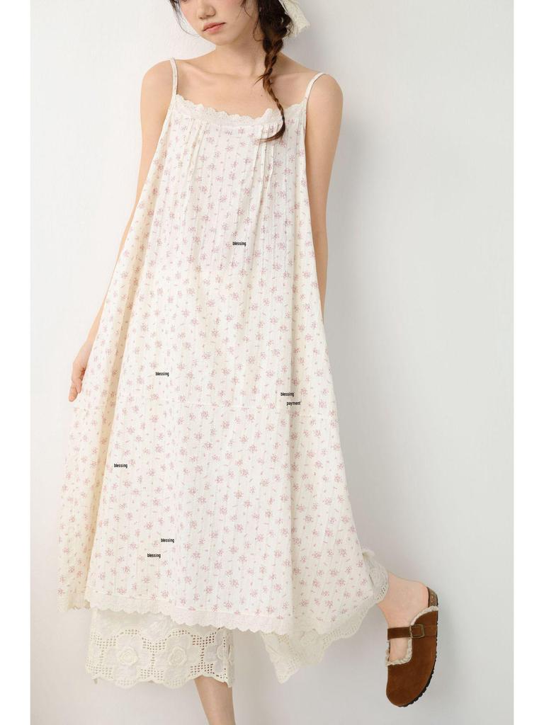 Spring/Summer 2026 Floral Print Spaghetti Strap Midi Dress - Sweet Mori Style with Lace Patchwork