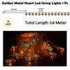 Metal Heart Led Lights - 4 Meter, 14 LED Warm Yellow Heart Shape Lights for Decoration, Decorations Lights