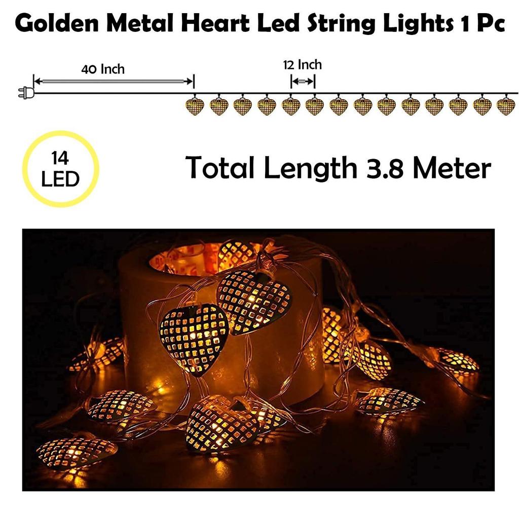Metal Heart Led Lights - 4 Meter, 14 LED Warm Yellow Heart Shape Lights for Decoration, Decorations Lights