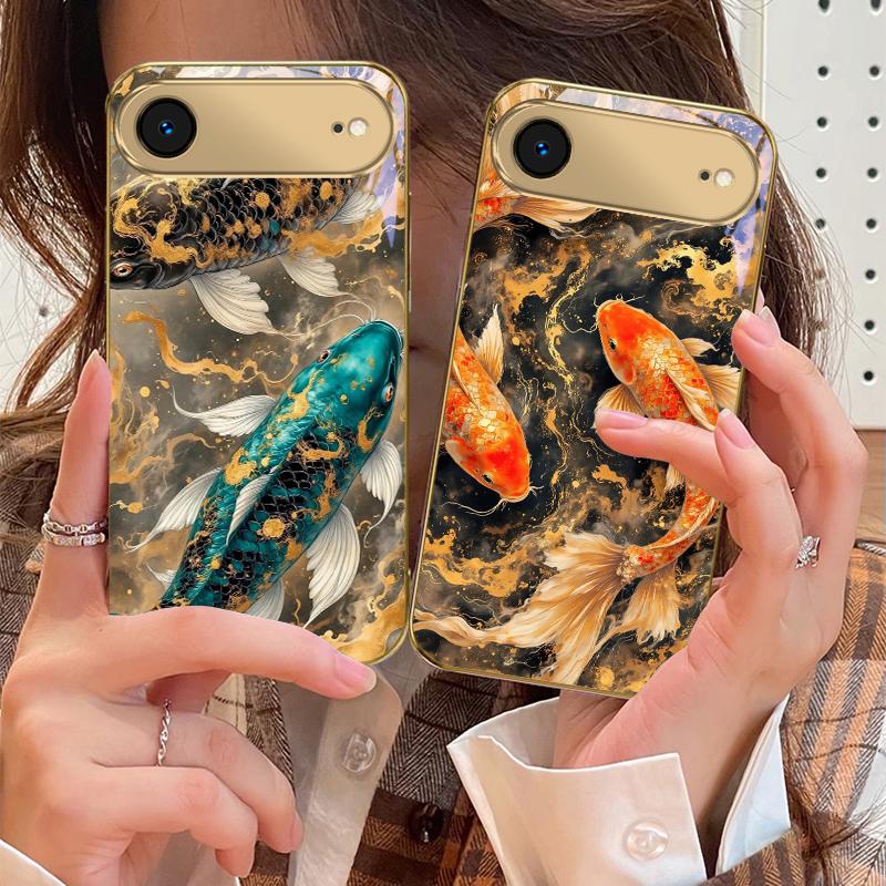Lucky Orange Golden Koi For IPhone 17Pro Max 16 17 Pro oMax 15 Pro 14 13 Plus 12Mini 11ProMax XR 16E Air Golden Glass Phone Case