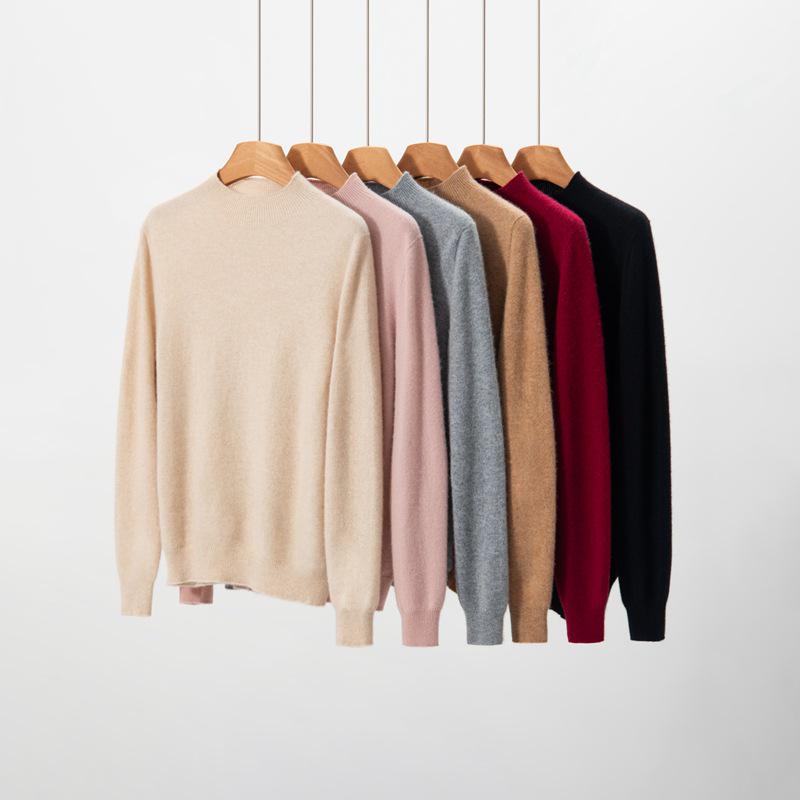 Women’s Pure Cashmere Half-High Neck Seamless Knit Sweater - Long Sleeve Base Layer for Autumn/Winter
