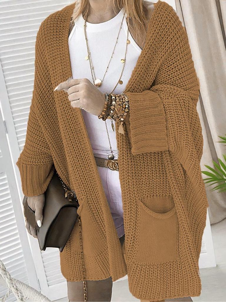 Women's Knit Pocket Cardigan Sweater - Solid Color, Loose Fit, Autumn/Winter Fashion