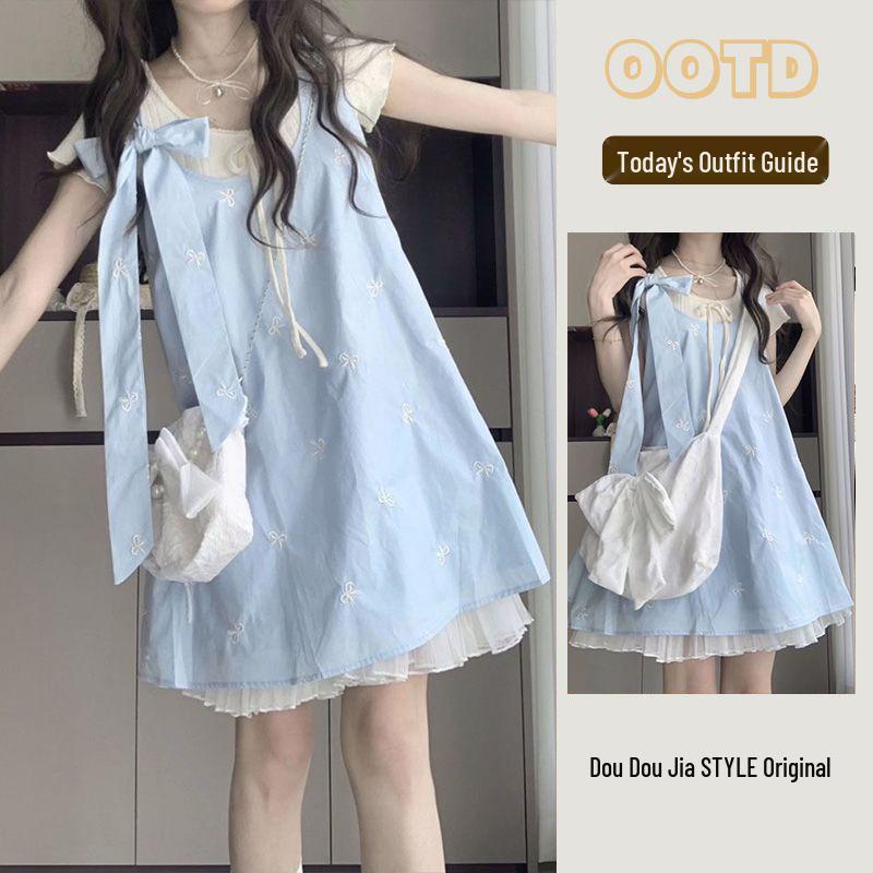 

Early Summer Sweet Fairy Bow Strap Dress & Lace-up Knit Top S (suggested for 75-90 jin)