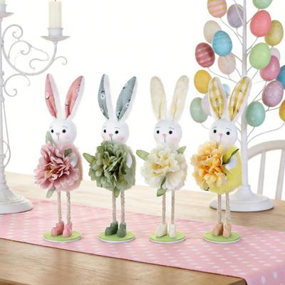 Yousheng Easter Standing Bunny Doll Cute Fabric Rabbit Figurine with Artificial Flower for Spring Home Shelf Table Decor