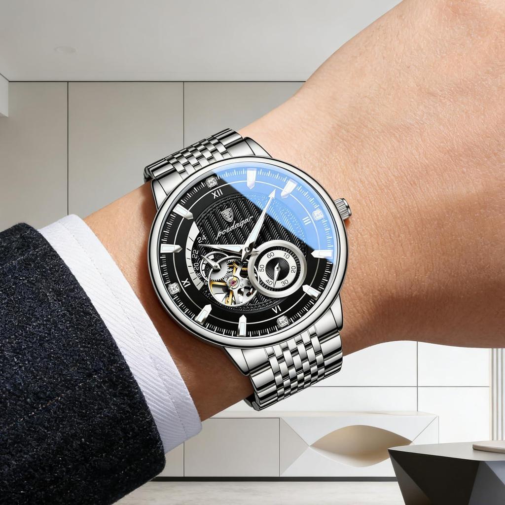 POEDAGAR Fashion Business Men Automatic Mechanical Watch Waterproof Luminous Hollow Tourbillon Male Clock Steel Strap Men's Watches