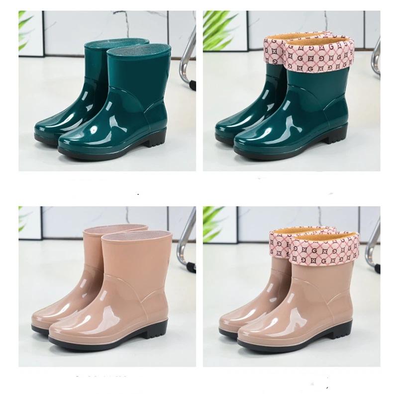 Women Mid Calf Rain Boots Waterproof PVC Shoes Non-slip Rubber Sole