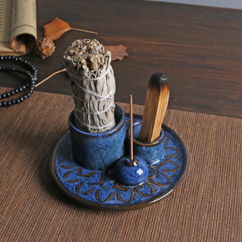 Palo Santo Holder Ceramic Incense Burner Tray Navy Blue Home Decoration for Sage Incense Sticks