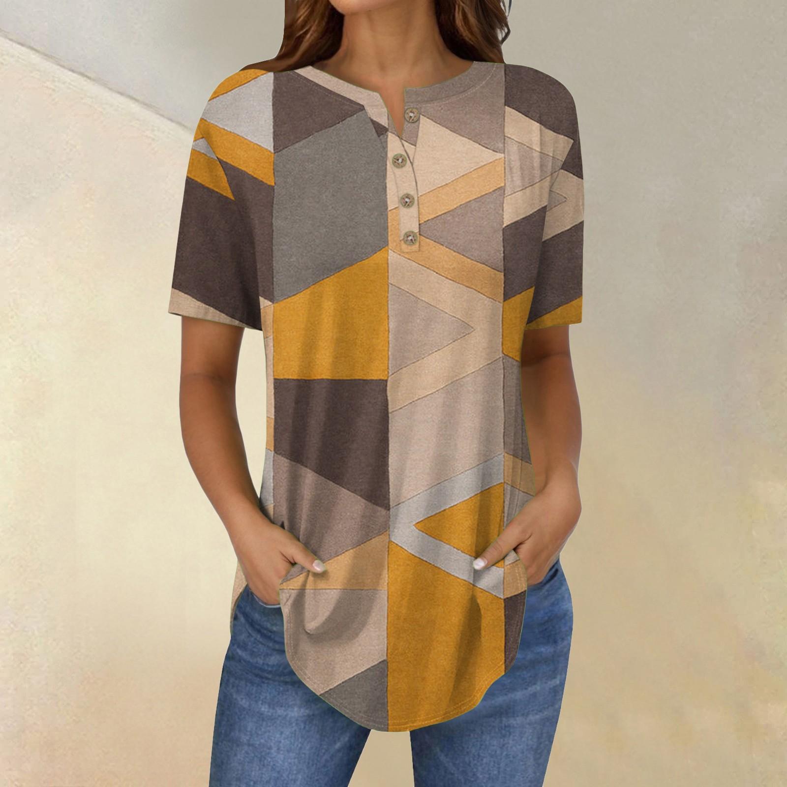 

Короткие рукава женские топы летние футболки цветочный принт V-образный вырез повседневные базовые футболки рубашки на пуговицах туники XL жёлтый