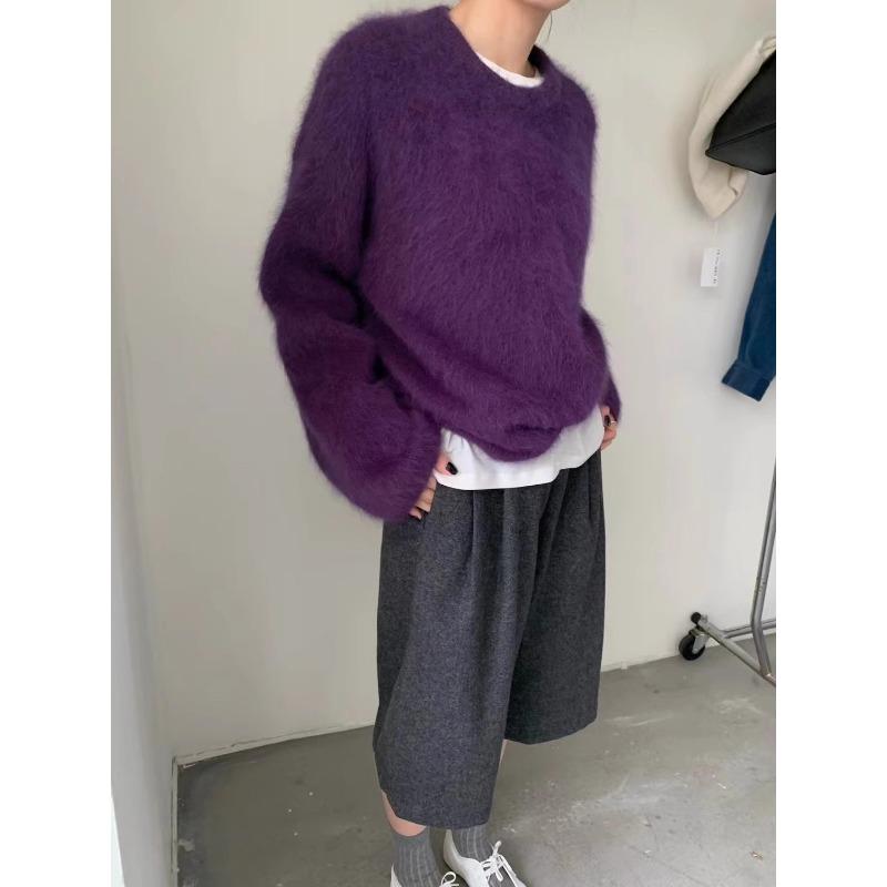 Lemon yellow round neck mohair sweater autumn and winter versatile temperament mink fleece soft waxy knitted sweater