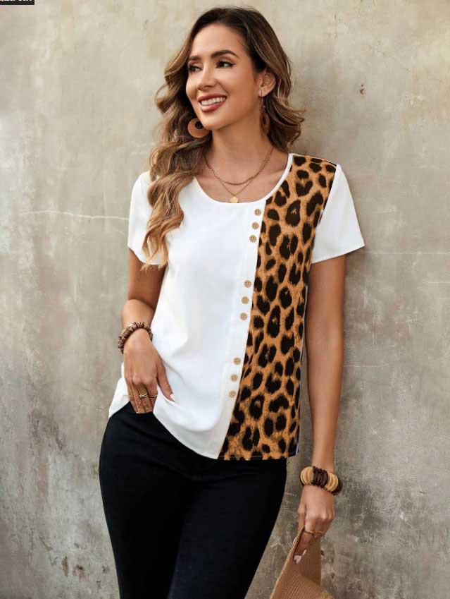 Leopard Print Round Neck Top: Elegant Short Sleeve T-shirt for Women, Casual Spring and Autumn Style 2025