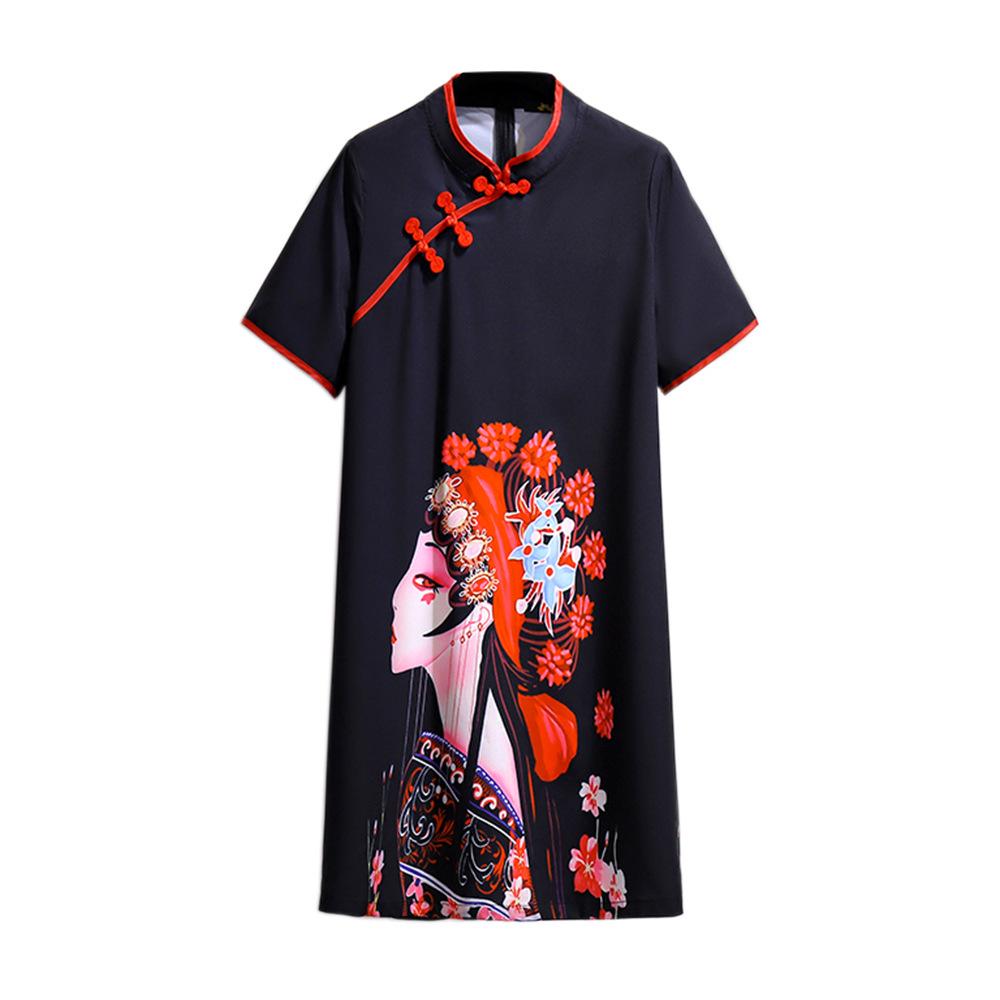 

Plus Size Chinese Style Summer Dress - Short-Sleeved, Printed Frog Button Qipao 4XL (190-220 jin)