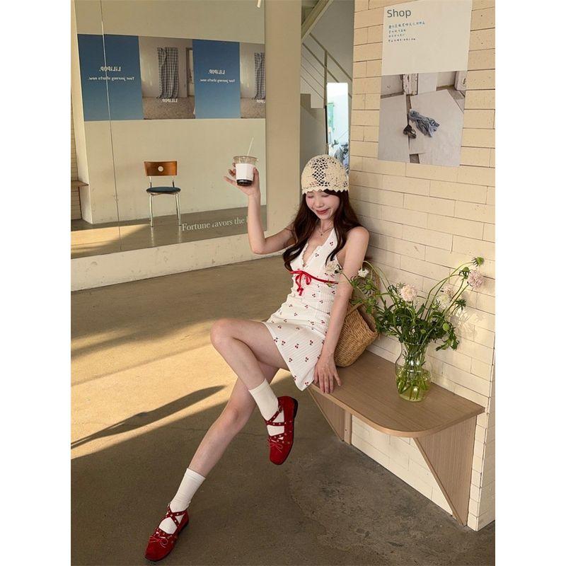 Kumikumi Sweet Gyaru Style Cherry Print Hanging Neck Dress Women Summer Age-Reducing Bow Waist Hugging A- line Skirt