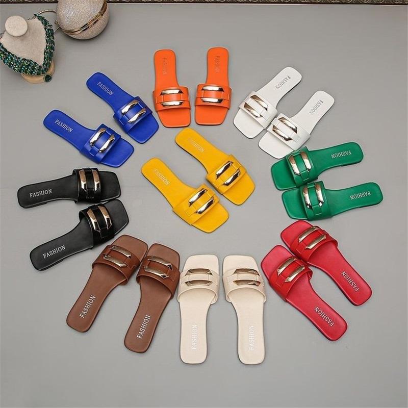 Women's New Plus Size Square Toe Flat Slide Sandals, Metal Buckle Casual Beach Slippers