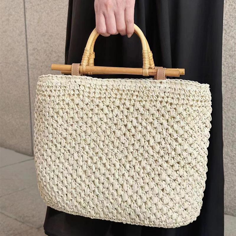Bolsa de Palha com Alça de Madeira Feita à Mão com Corda de Papel Bolsas de Mão Tecidas Boêmia Bali Sacolas de Viagem para Praia para Mulheres Sacola Tote Vazada
