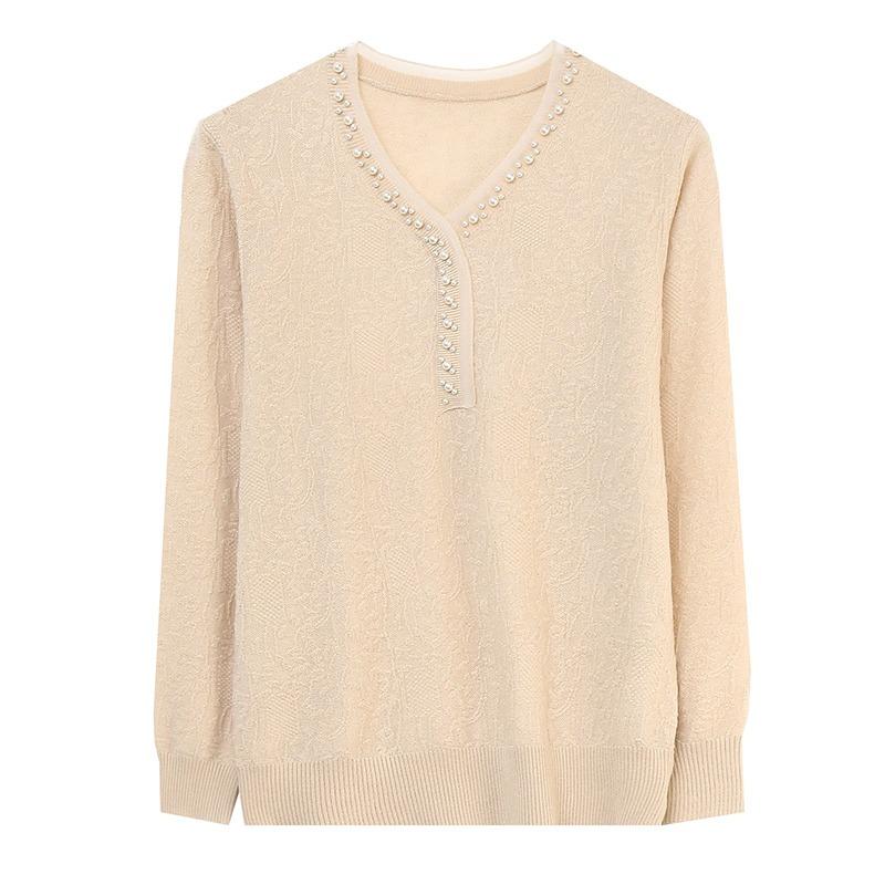 Spring Autumn V-neck Beading Bottomed Knitting Top Women Long Sleeve All-match Pullover Sweater