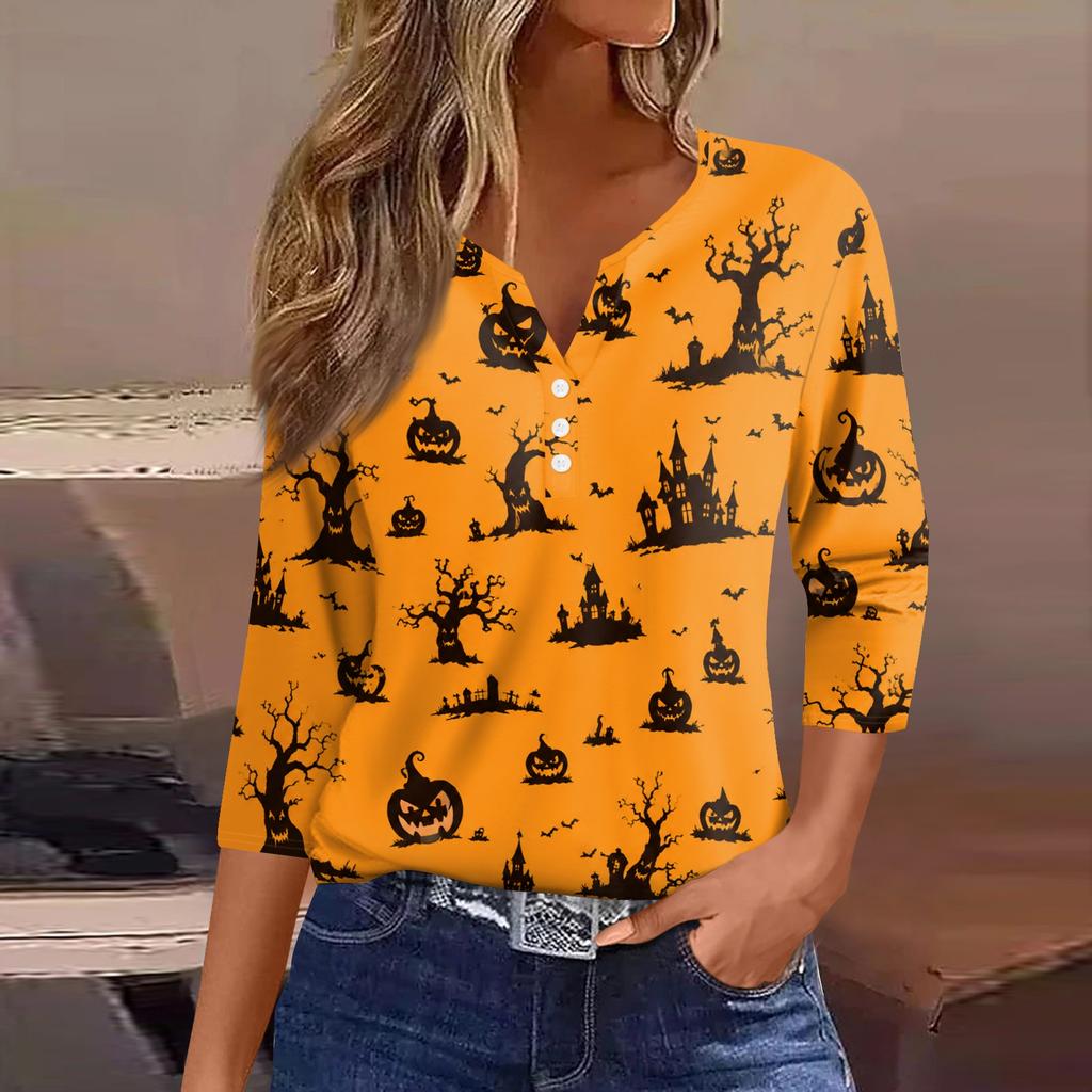 Women Casual Halloween Print V Neck 3/4 Sleeve Button Front Top Lightweight Soft Fabric Relaxed Fit Shirt