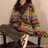 Womens Loose Knit Sweater Fall Winter Retro Striped V Neck Cardigan Casual Top