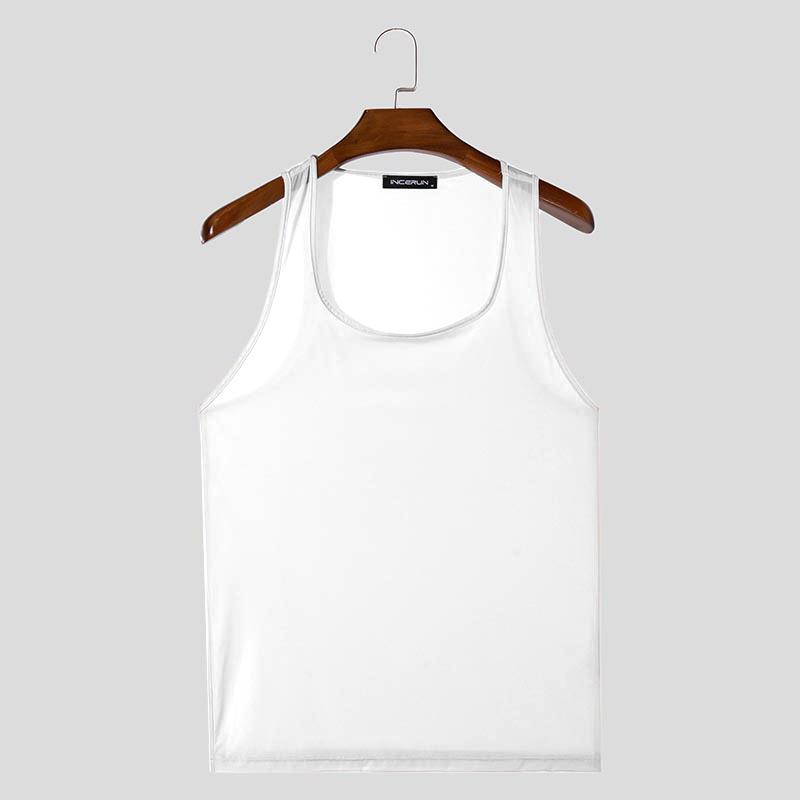 INCERUN Summer Men Sleeveless Semi-Sheer Stretch Skinny Tank Tops Gym Underwear