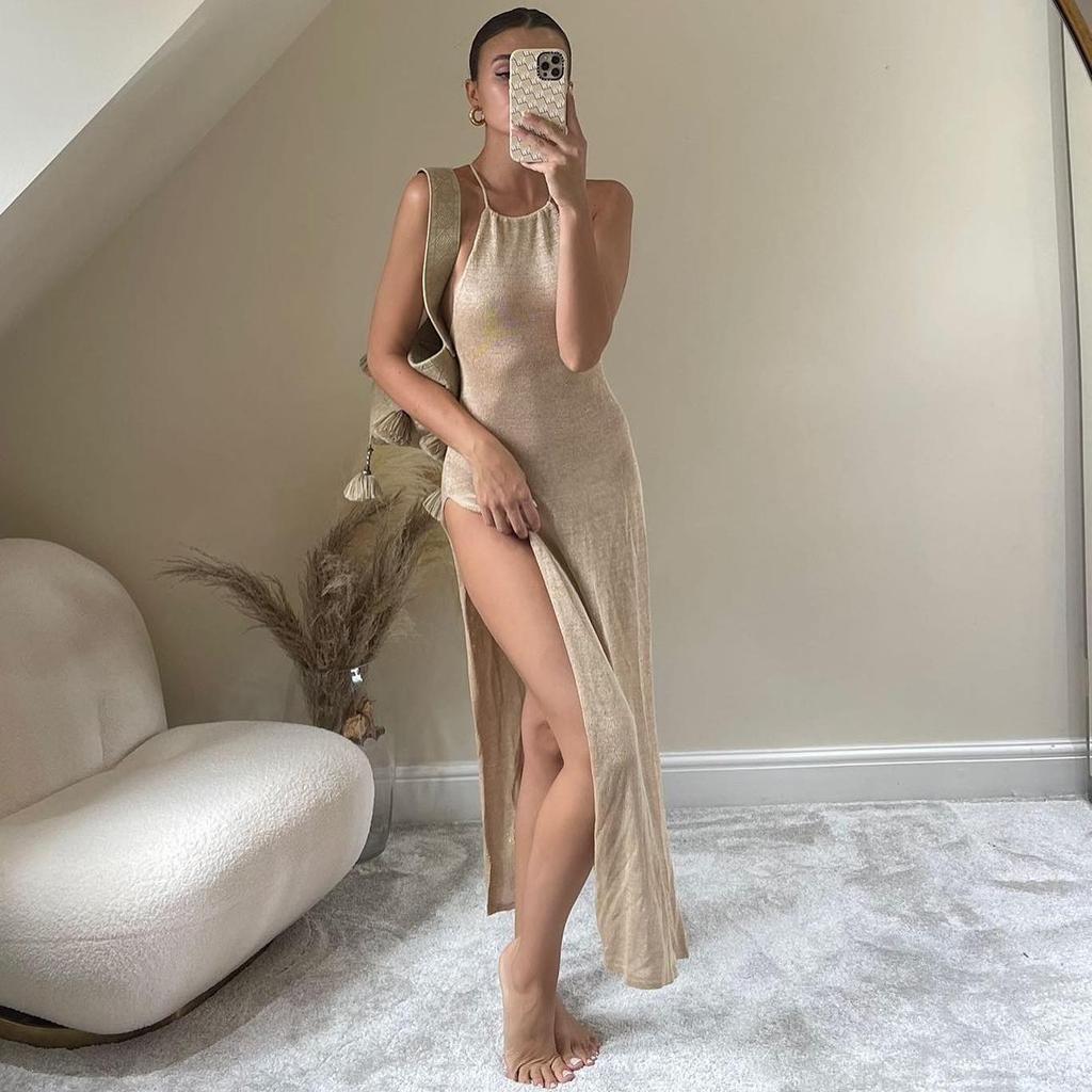 EDOLYNSA 2024 kintted cobrir praia sexy halter sem mangas ver através maxi fenda bodycon vestido de verão biquinis cover-ups elegante halter beachdress