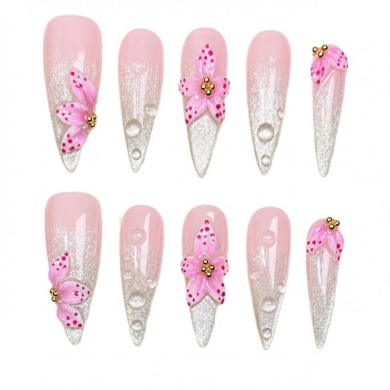 10pcs Handmade Press-On Nails With 3D Floral Design Nude Pink Gradient Glitter Long Almond Shape Women