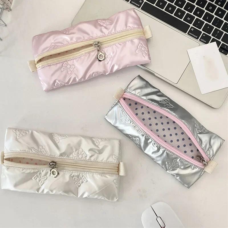Women Makeup Brush Pouch Waterproof Student Pencil Case Pen Box Girls Cute Bow Stationery Organizer Girls Zipper Coin Purse