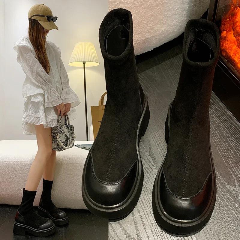 SyfIyno NEW Comfy High Brand Women's Shoes Women's Boots Mid-Calf Boots Round Toe Low Heel Short Leg Women's Fashion Boots
